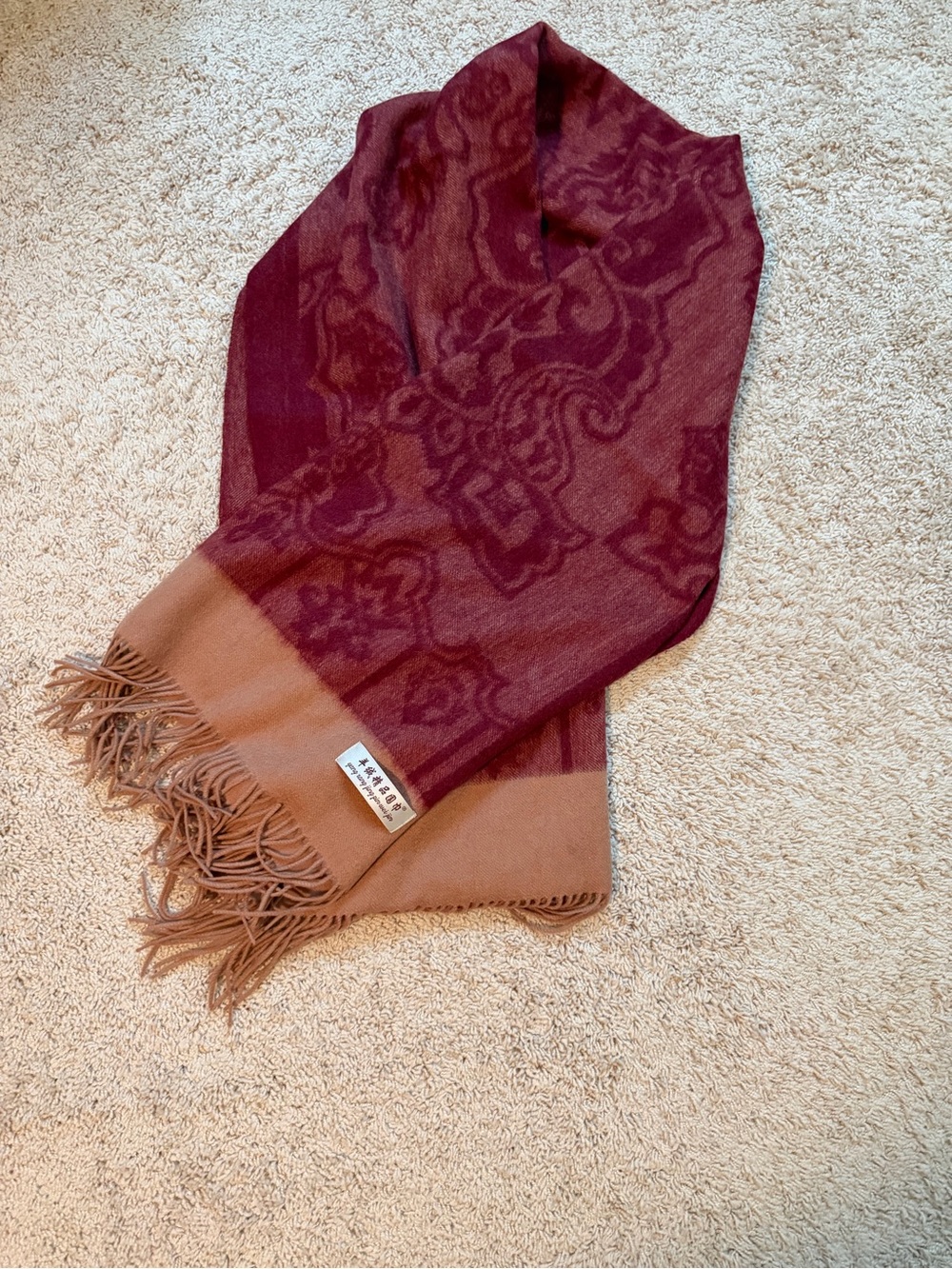 Womens Two-Tone Burgundy and Tan Patterned Scarf